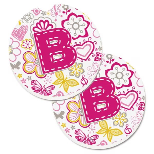 Letter B Flowers and Butterflies Pink Set of 2 Cup Holder Car Coaster, Carolines Treasures, Mfr#: CJ2005-BCARC